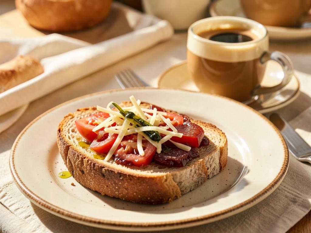 Tostada de pan de pueblo con tomate rallado y jamón serrano junto a un café