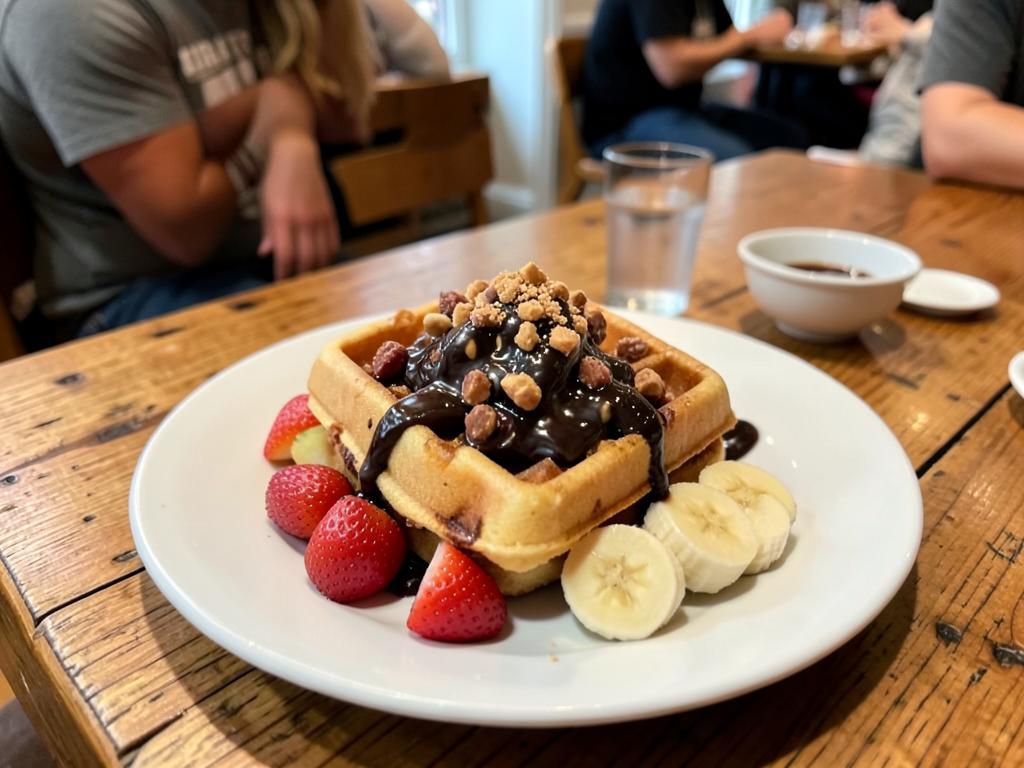 Gofre con chocolate, fresas y plátano